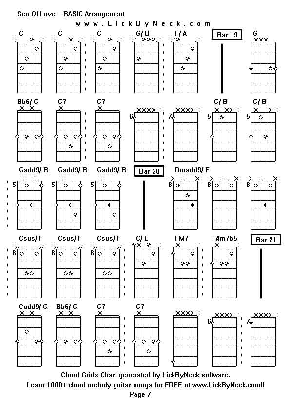 Chord Grids Chart of chord melody fingerstyle guitar song-Sea Of Love  - BASIC Arrangement,generated by LickByNeck software.